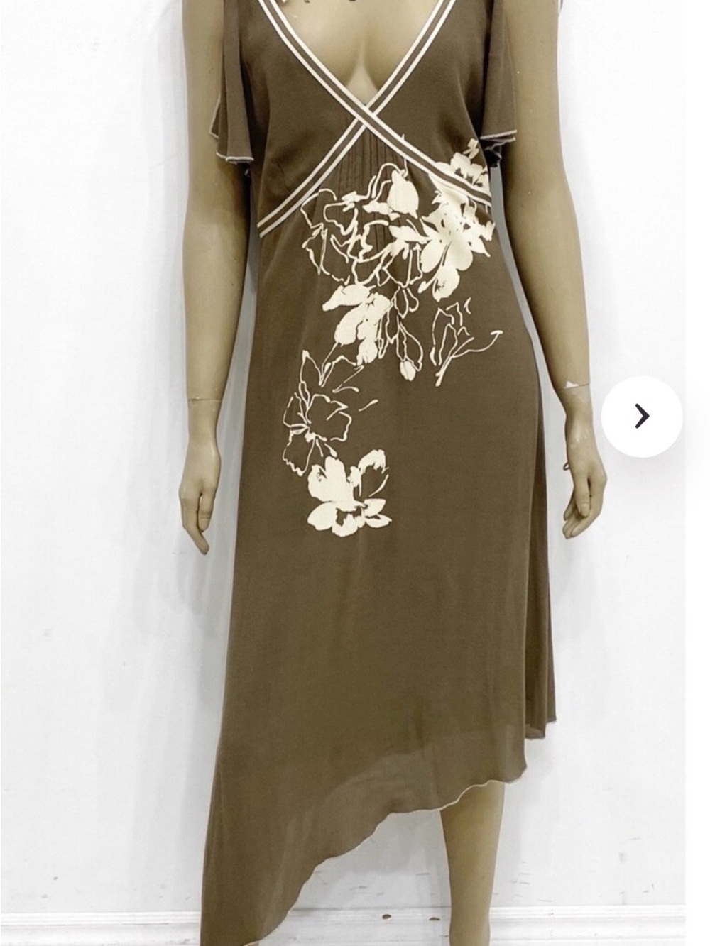 Olive Brown Asymmetrical Floral V-Neck Women's Dress